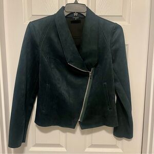 Tahari Faux Leather Draped Moto Jacket- Medium Dark Emerald green